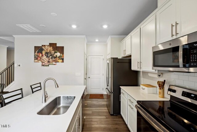 209 White Farm Dr, Wendell, NC 27591 - kitchen featuring stainless steel appliances, a sink, crown molding, dark wood-style floors, and light countertops