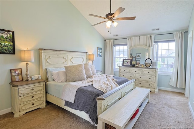 3603 Talus Rd, Fayetteville, NC 28306 - bedroom with light carpet, lofted ceiling, baseboards, and a ceiling fan