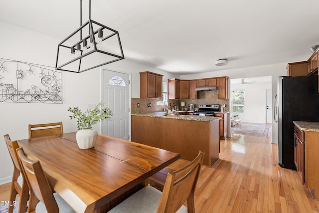 dining room featuring light wood-style flooring, plenty of natural light, and a ceiling fan