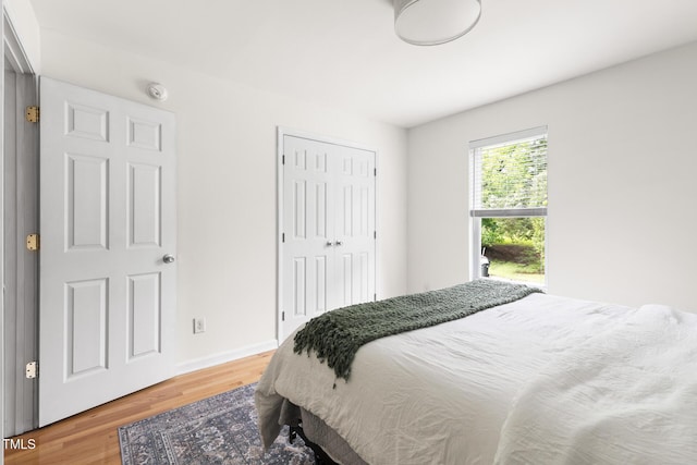 bedroom featuring wood finished floors, baseboards, and a closet