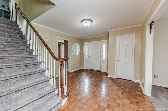 225 Lakeview Dr, Sanford, NC 27332 - foyer entrance with stairs, baseboards, and ornamental molding