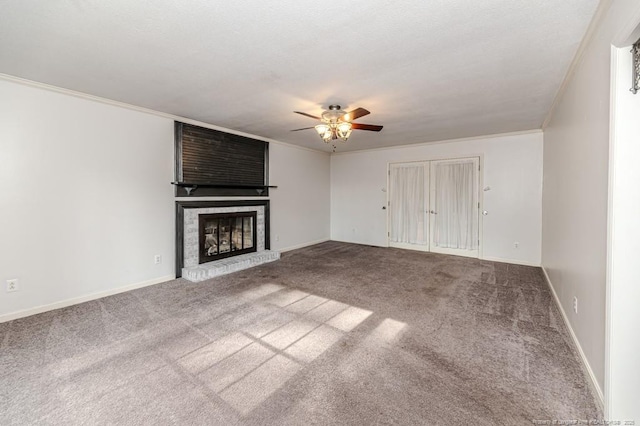 225 Lakeview Dr, Sanford, NC 27332 - unfurnished living room with a ceiling fan, carpet flooring, ornamental molding, a brick fireplace, and baseboards