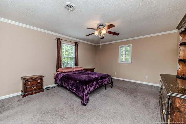 225 Lakeview Dr, Sanford, NC 27332 - bedroom featuring multiple windows, baseboards, crown molding, carpet floors, and a textured ceiling
