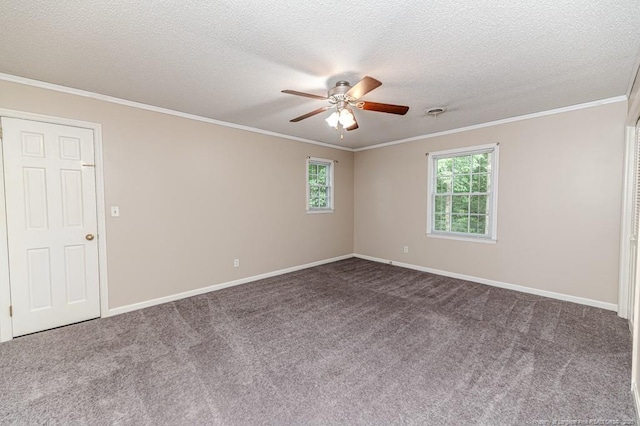 225 Lakeview Dr, Sanford, NC 27332 - empty room with ceiling fan, carpet, baseboards, crown molding, and a textured ceiling