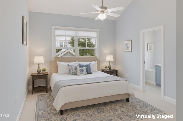 bedroom with lofted ceiling, baseboards, ceiling fan, and light carpet