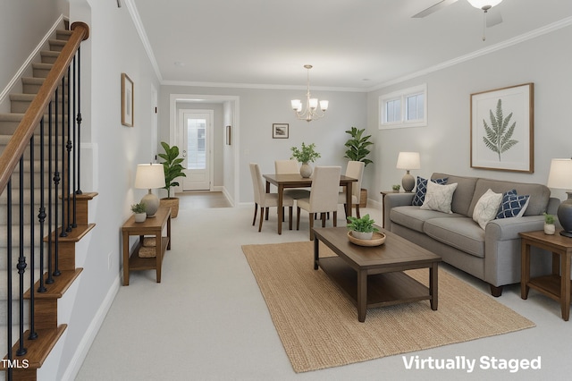 living room with stairway, healthy amount of natural light, crown molding, a chandelier, and light colored carpet