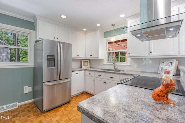 4030 King Charles Rd, Durham, NC 27707 - kitchen featuring stainless steel refrigerator with ice dispenser, island exhaust hood, a sink, white cabinetry, and recessed lighting