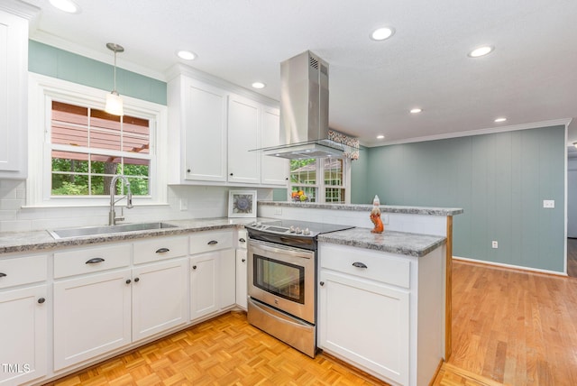 4030 King Charles Rd, Durham, NC 27707 - kitchen with island exhaust hood, a sink, stainless steel electric range, a peninsula, and healthy amount of natural light
