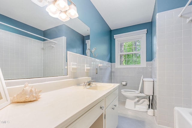 4030 King Charles Rd, Durham, NC 27707 - bathroom with tile walls, tile patterned flooring, toilet, vanity, and  shower combination