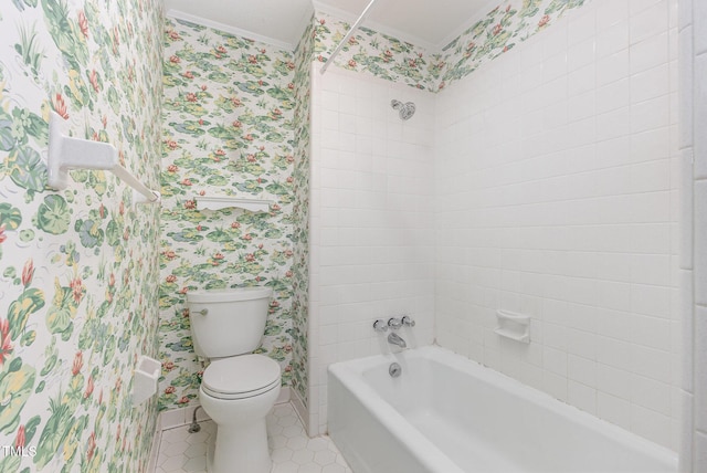 4030 King Charles Rd, Durham, NC 27707 - full bath featuring crown molding, tile patterned floors, shower / bath combination, toilet, and wallpapered walls