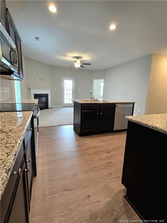 338 E David Parnell St, Parkton, NC 28371 - kitchen with stainless steel appliances, ceiling fan, light wood-style floors, open floor plan, and dark cabinetry