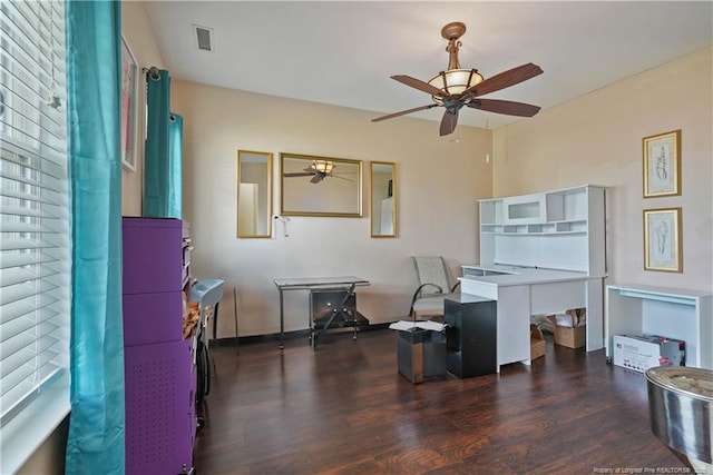 office area with ceiling fan, wood finished floors, and baseboards
