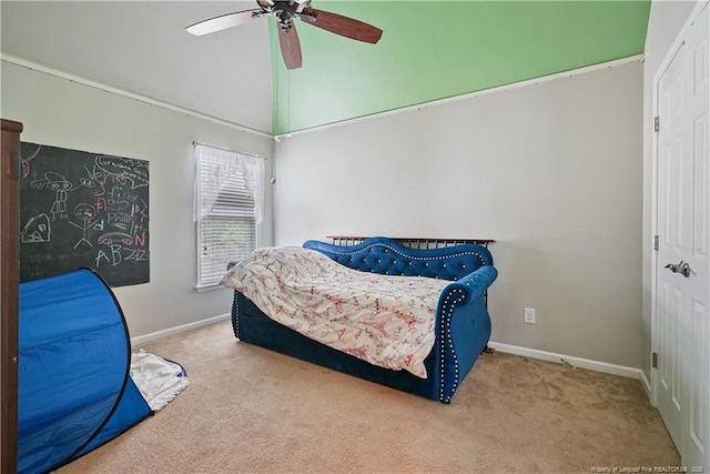 carpeted bedroom featuring baseboards, ceiling fan, and a closet