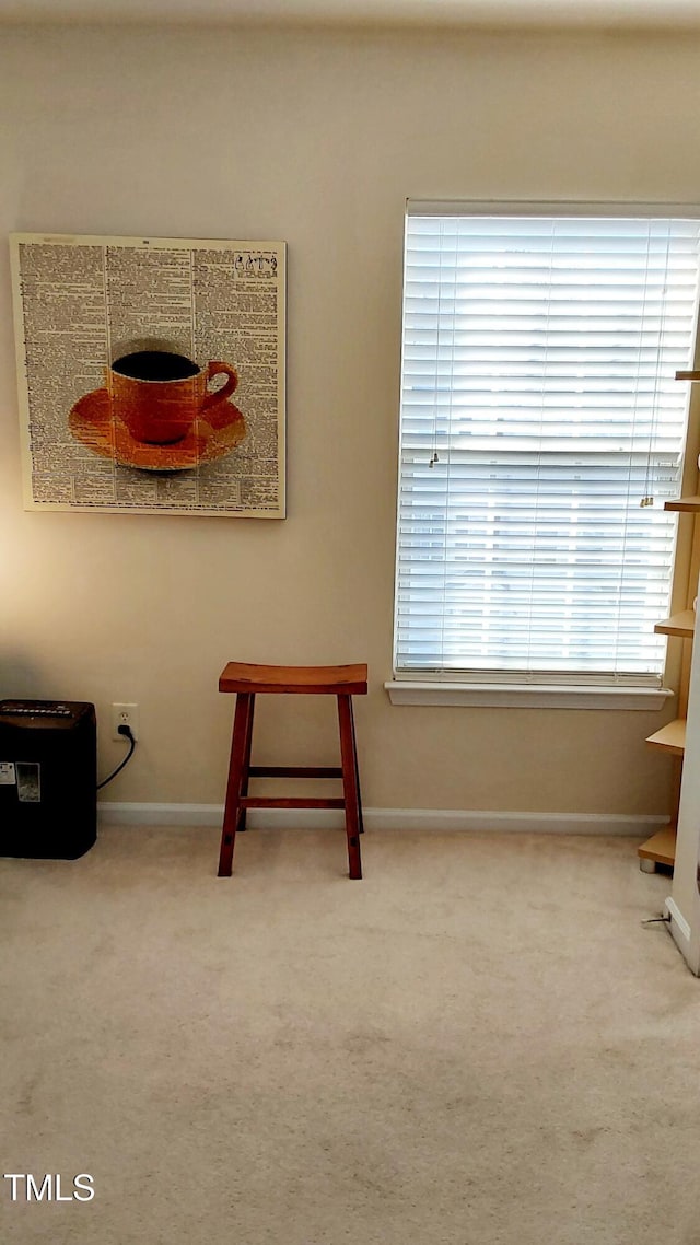 living area featuring carpet flooring and baseboards