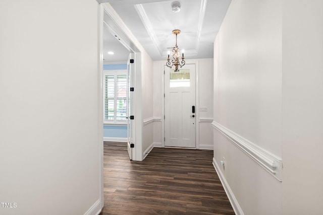 foyer entrance featuring a chandelier, dark wood finished floors, baseboards, and a raised ceiling