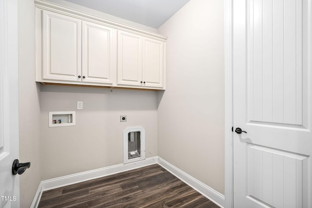 laundry area with cabinet space, hookup for an electric dryer, baseboards, hookup for a washing machine, and dark wood-style floors