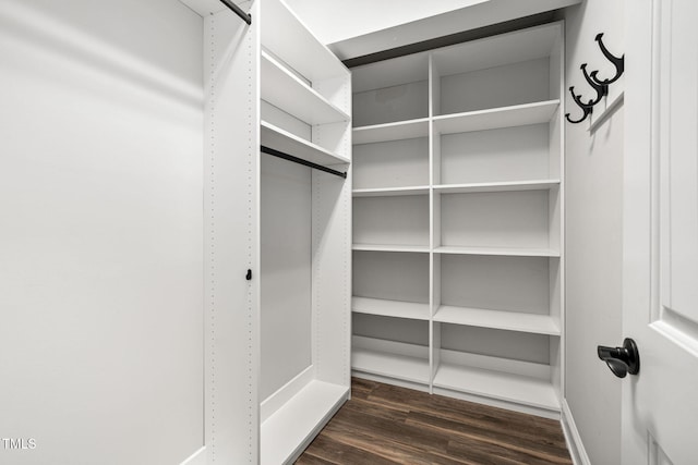 walk in closet with dark wood-type flooring