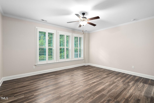 unfurnished room with baseboards, a ceiling fan, dark wood-style flooring, and ornamental molding