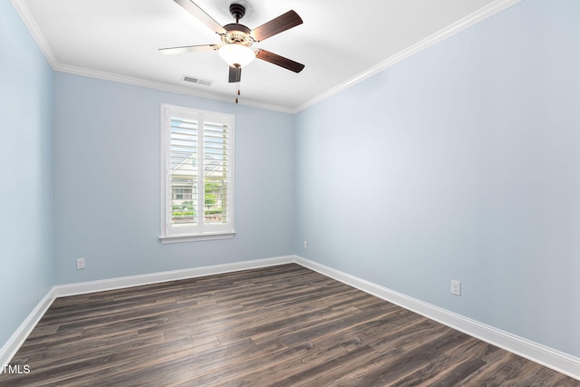 unfurnished room featuring dark wood-style flooring, baseboards, ceiling fan, and ornamental molding
