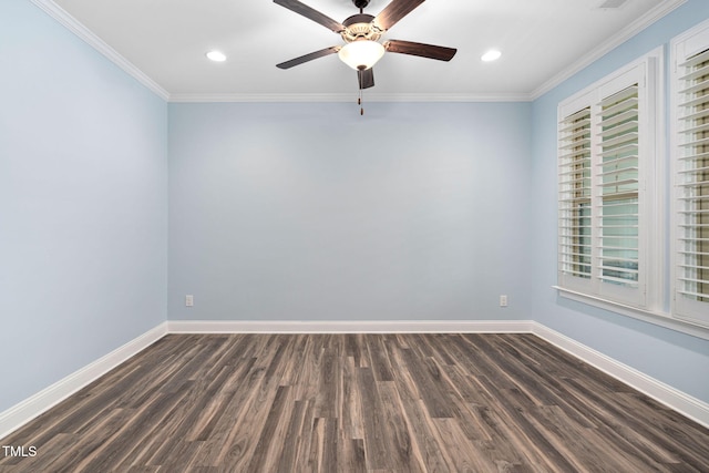 empty room featuring dark wood-style flooring, baseboards, ceiling fan, recessed lighting, and crown molding
