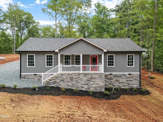 249 Fisherman Point Rd, Roxboro, NC 27574 - ranch-style home with covered porch, a shingled roof, and crawl space