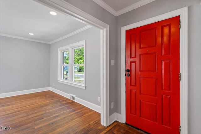 134 Nelson St, Durham, NC 27707 - entryway with baseboards, dark wood-style floors, ornamental molding, and recessed lighting