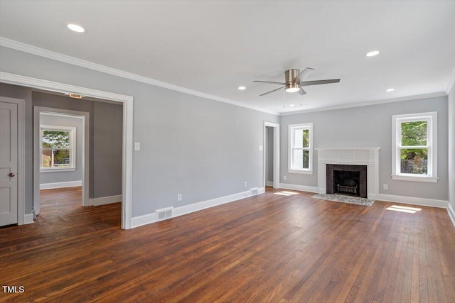 134 Nelson St, Durham, NC 27707 - unfurnished living room with a ceiling fan, baseboards, dark wood finished floors, crown molding, and a fireplace