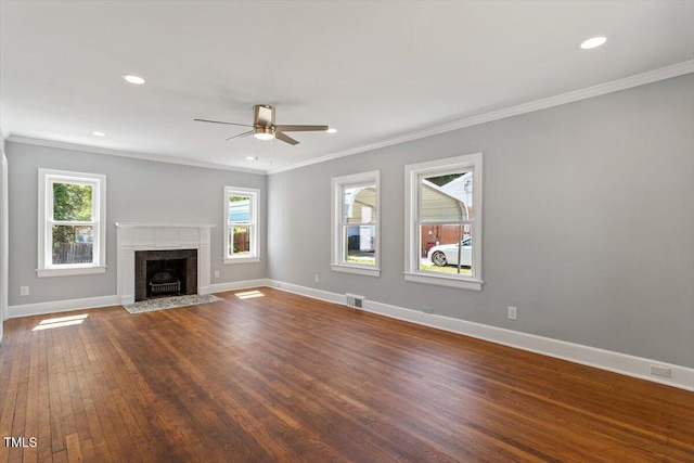 134 Nelson St, Durham, NC 27707 - unfurnished living room with a ceiling fan, crown molding, dark wood finished floors, baseboards, and a premium fireplace