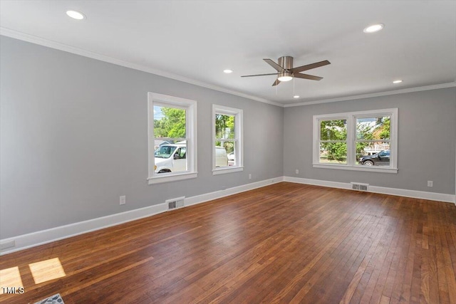 134 Nelson St, Durham, NC 27707 - spare room featuring a ceiling fan, dark wood-type flooring, recessed lighting, crown molding, and baseboards