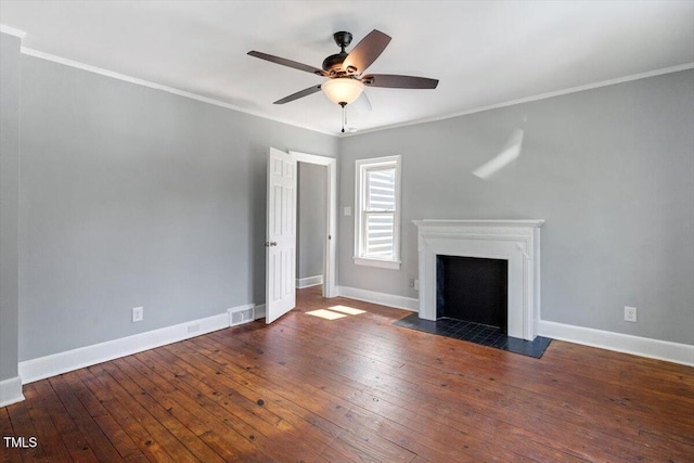134 Nelson St, Durham, NC 27707 - unfurnished living room with ceiling fan, hardwood / wood-style floors, ornamental molding, baseboards, and a fireplace with flush hearth