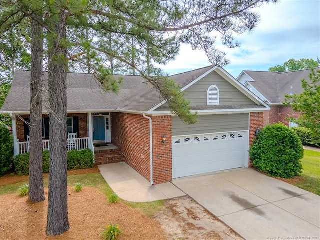 3119 Metthame Dr, Fayetteville, NC 28306 - single story home featuring brick siding, an attached garage, driveway, roof with shingles, and a porch