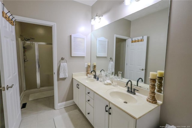 3119 Metthame Dr, Fayetteville, NC 28306 - full bath featuring tile patterned flooring, a stall shower, baseboards, and double vanity
