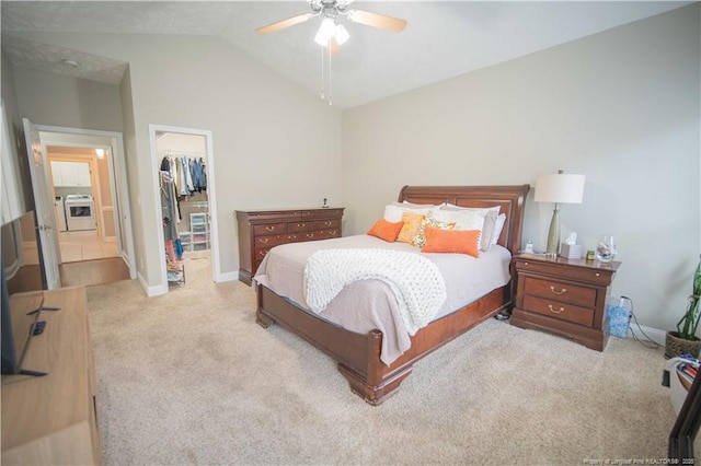 3119 Metthame Dr, Fayetteville, NC 28306 - carpeted bedroom featuring a spacious closet, a closet, lofted ceiling, a ceiling fan, and washer / dryer