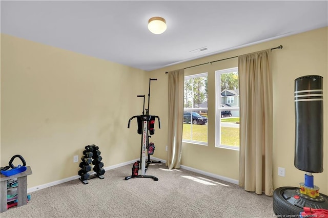 exercise area with carpet flooring and baseboards