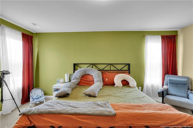 carpeted bedroom featuring multiple windows