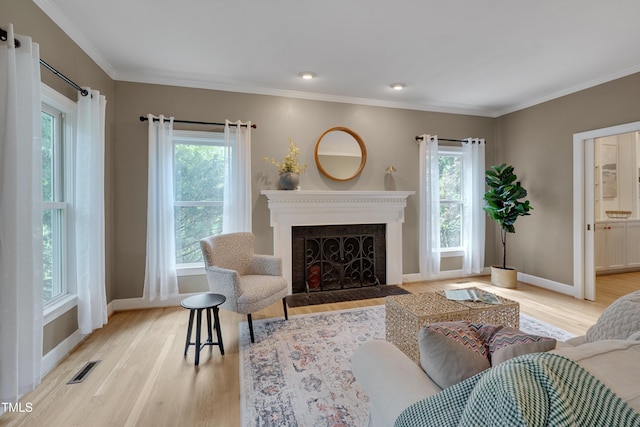 living area with light wood-style floors, baseboards, ornamental molding, and a fireplace with flush hearth