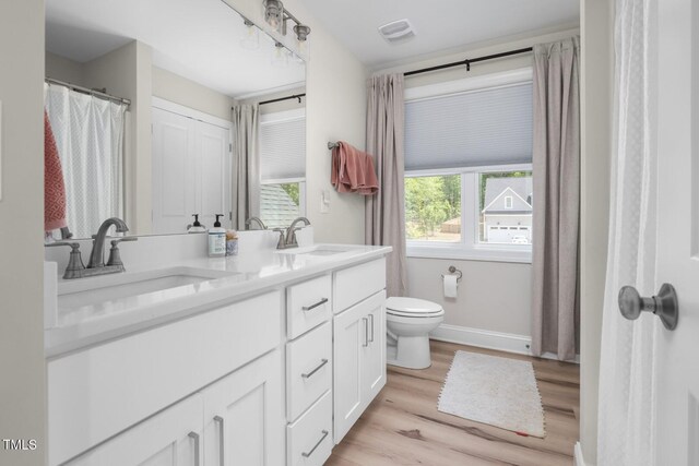 220 Purslane Dr, Franklinton, NC 27525 - bathroom featuring wood finished floors, toilet, double vanity, and baseboards