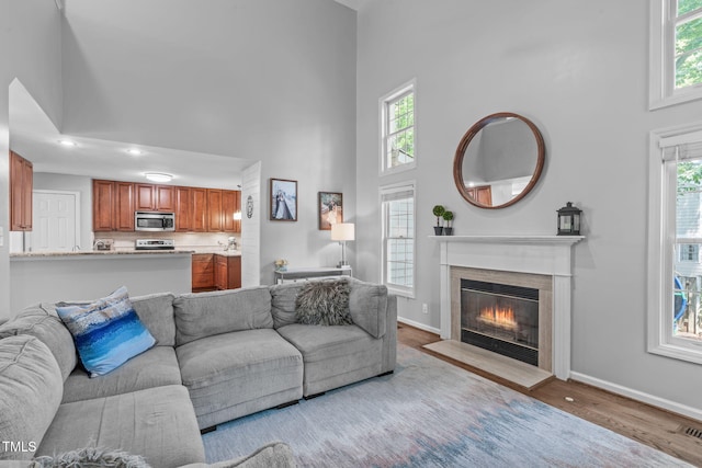 208 Silk Hope Dr, Cary, NC 27519 - living room with a towering ceiling, wood finished floors, a fireplace with flush hearth, healthy amount of natural light, and recessed lighting