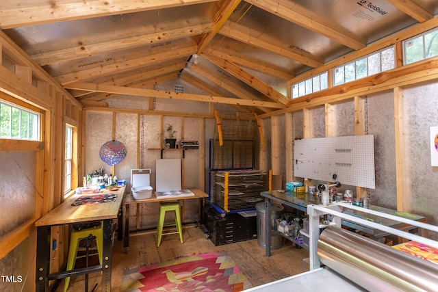 misc room with a workshop area and vaulted ceiling