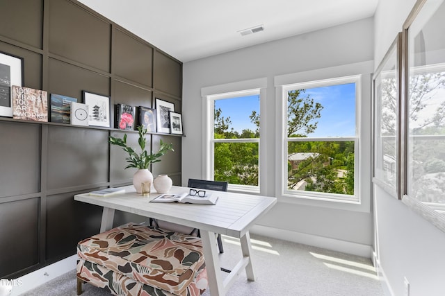 carpeted home office featuring plenty of natural light and baseboards