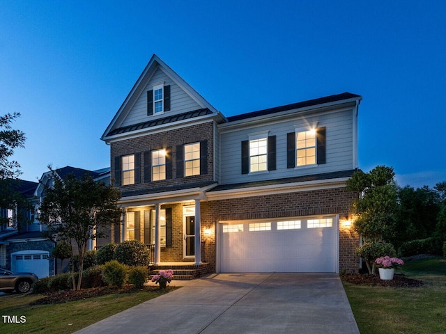 437 Henmore Brook Dr, Cary, NC 27519 - view of front facade featuring an attached garage, brick siding, a porch, and driveway