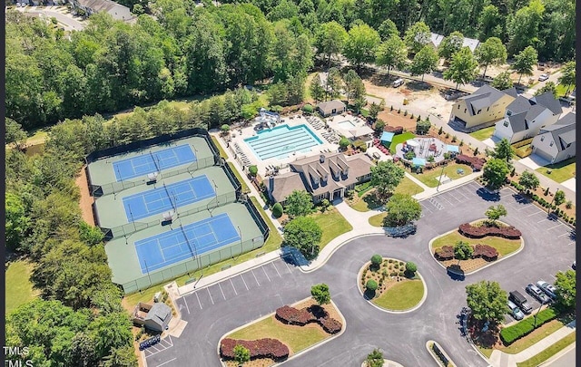 drone / aerial view of a pool area