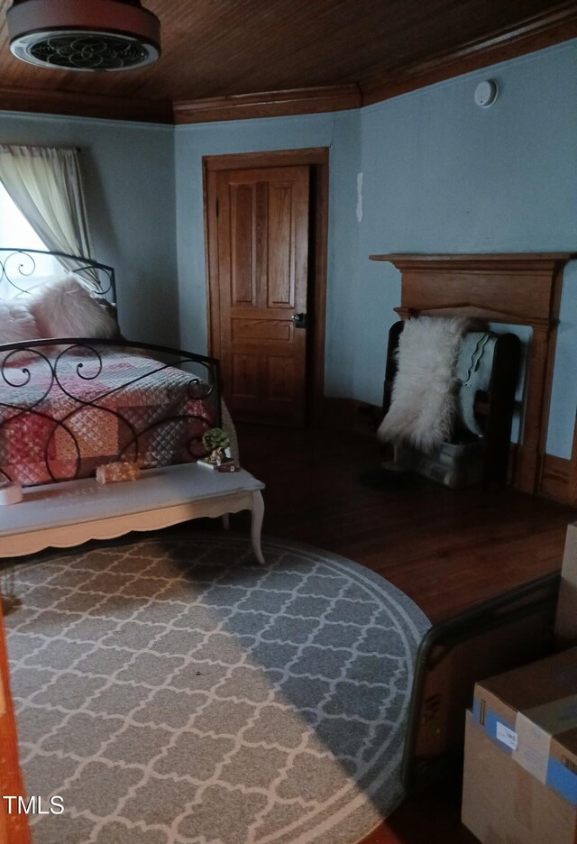 417 S Main St, Warrenton, NC 27589 - bedroom featuring wooden ceiling, wood finished floors, and ornamental molding