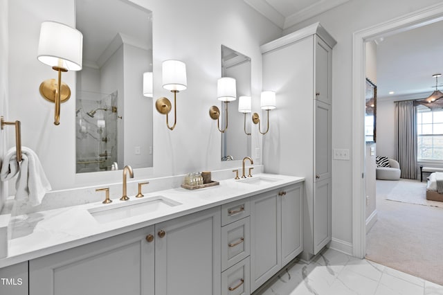 620 Wade Ave Unit 505, Raleigh, NC 27605 - ensuite bathroom with double vanity, a marble finish shower, crown molding, baseboards, and marble finish flooring