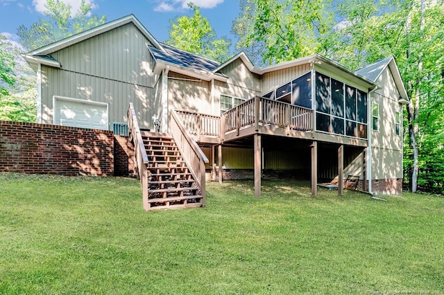 1536 Louisiana Ln, Sanford, NC 27332 - rear view of house featuring a yard, a sunroom, a wooden deck, and stairway