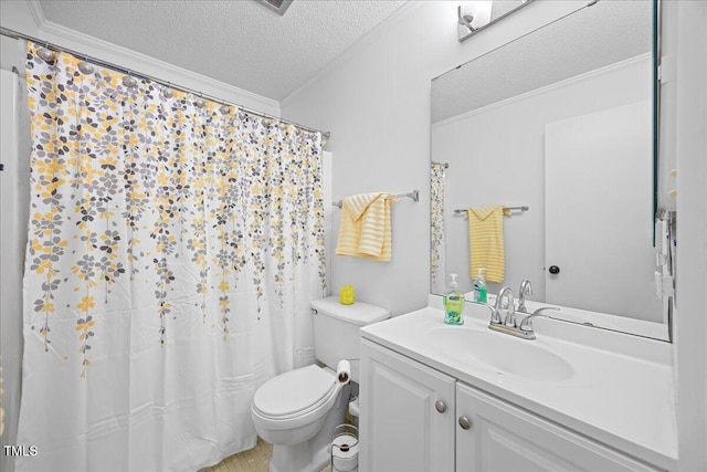 4709 Edwards Mill Rd Unit H, Raleigh, NC 27612 - full bathroom with ornamental molding, vanity, a textured ceiling, toilet, and curtained shower