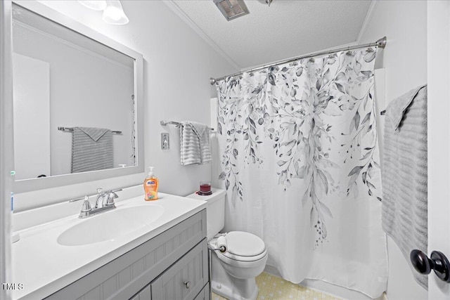 4709 Edwards Mill Rd Unit H, Raleigh, NC 27612 - bathroom with toilet, vanity, a textured ceiling, ornamental molding, and a shower with shower curtain