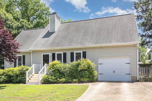 809 Maple Shade Ln, Apex, NC 27502 - cape cod house featuring a garage, a chimney, driveway, and a shingled roof