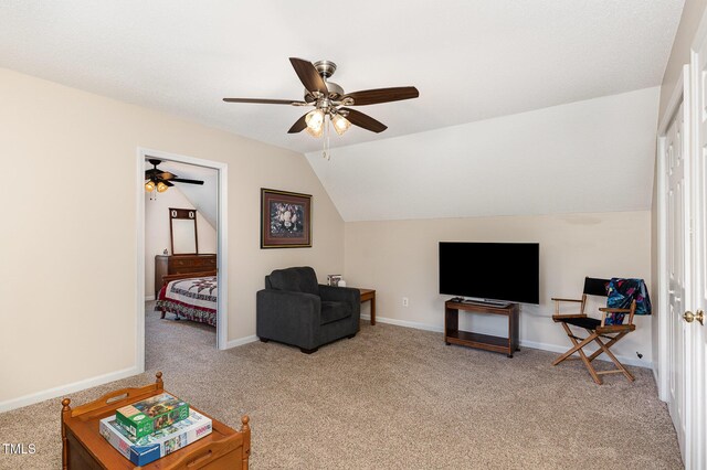 809 Maple Shade Ln, Apex, NC 27502 - carpeted living area with ceiling fan, lofted ceiling, and baseboards