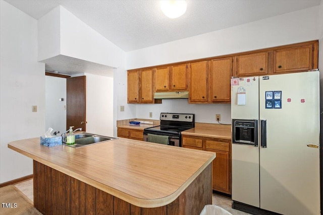 103 Castill Pl, Garner, NC 27529 - kitchen featuring white refrigerator with ice dispenser, stainless steel electric range, under cabinet range hood, brown cabinets, and light countertops